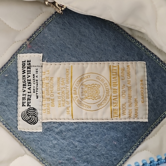 RARE Vintage Hudson's Bay Company 100% pure virgin wool blue coat fur trim MED - Picture 8 of 13